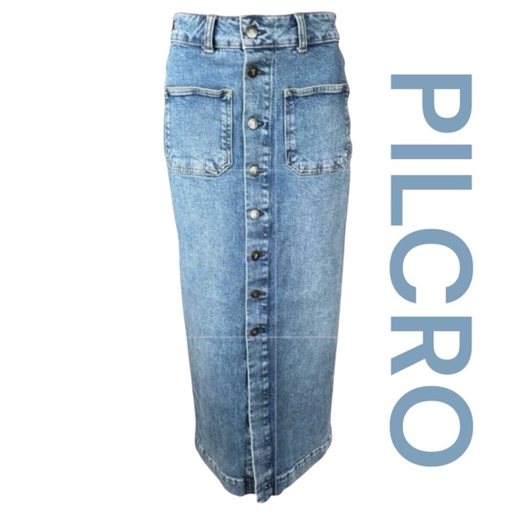 PILCRO Denim Button Front Midi Skirt, Pockets, Size 2. - Picture 1 of 10